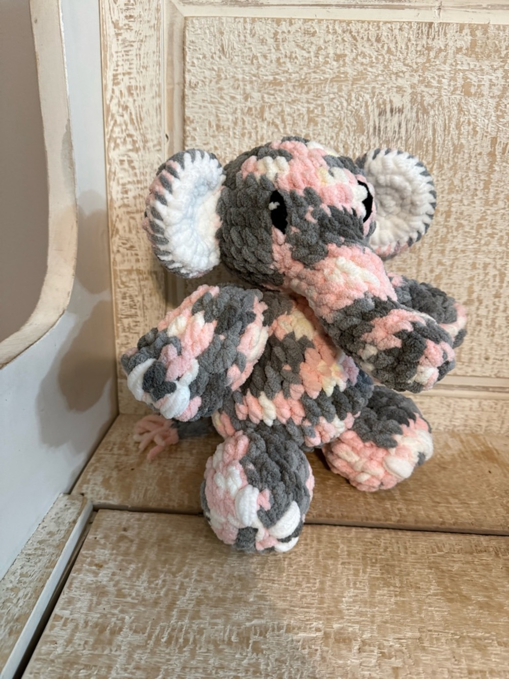 Elephant Plush Handmade crochet Chenille - Pink, Gray & White - Picture 3 of 4